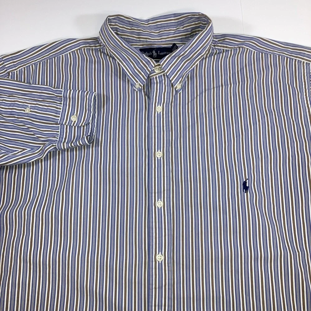 Polo Ralph Lauren Shirt Mens 3XLT‎ Tall Blue Yellow Stripe Button Down *Flaws